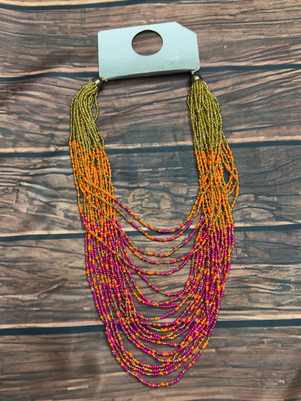NEW Multi Strand Seed Bead Bib Necklace Boho Statement Orange Pink Gold Tone